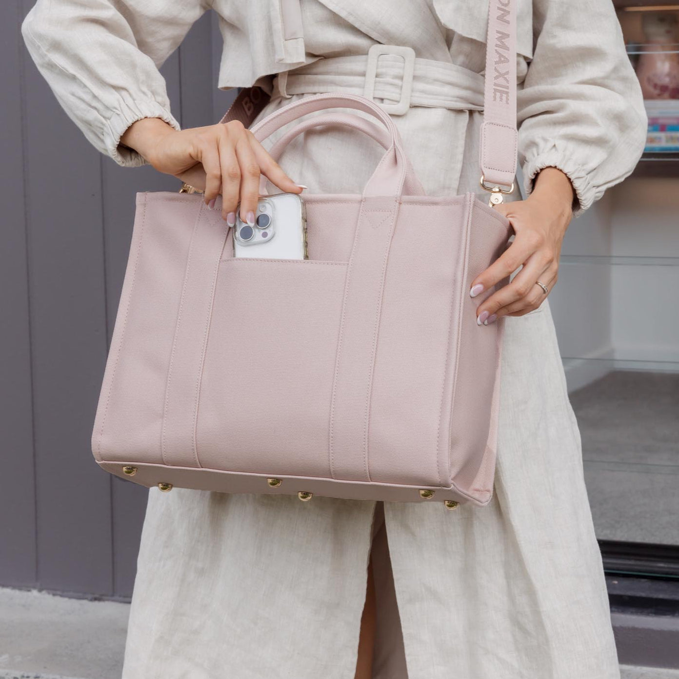 Small Structured Tote Bag in signature coated canvas -- Milk Tea