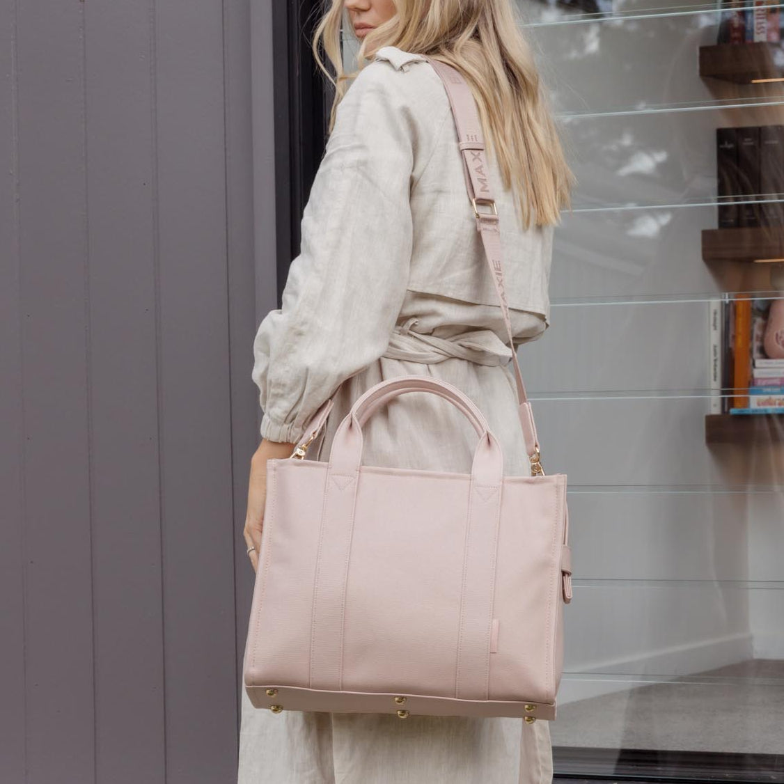 Small Structured Tote Bag in signature coated canvas -- Milk Tea