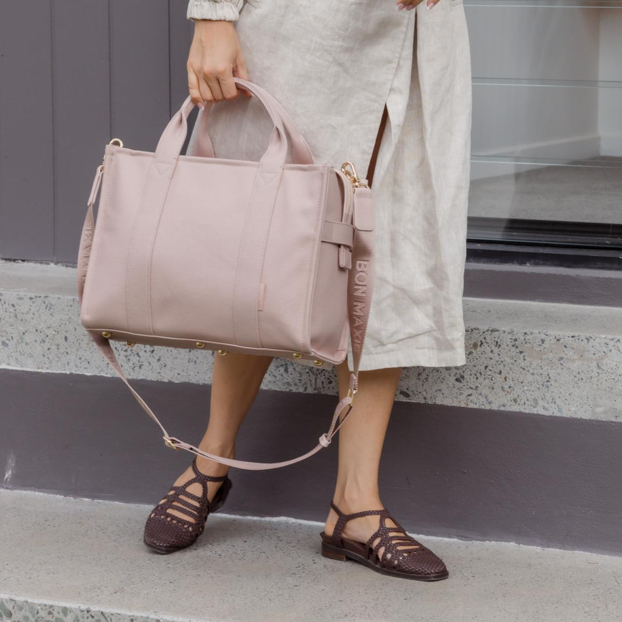 Small Structured Tote Bag in signature coated canvas -- Milk Tea