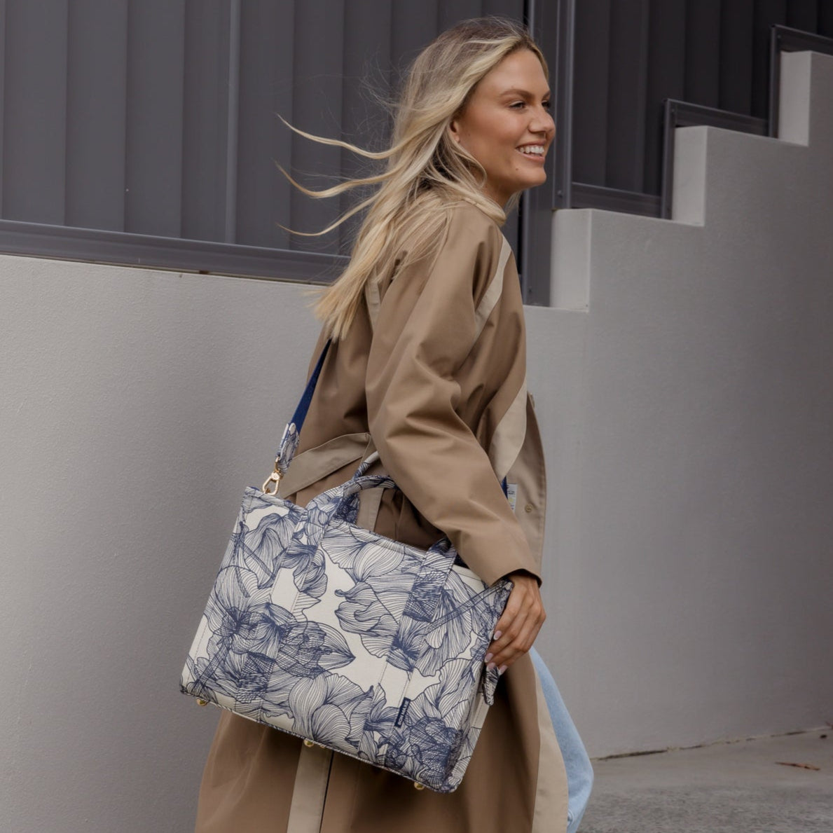 Small Structured Tote Bag in signature coated canvas -- Navy Floral