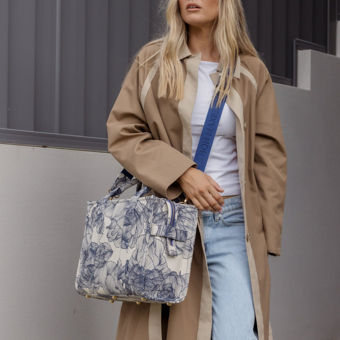 Small Structured Tote Bag in signature coated canvas -- Navy Floral