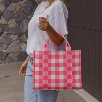 Small Structured Tote Bag in signature coated canvas -- Neon Pink Gingham