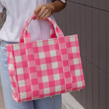 Small Structured Tote Bag in signature coated canvas -- Neon Pink Gingham