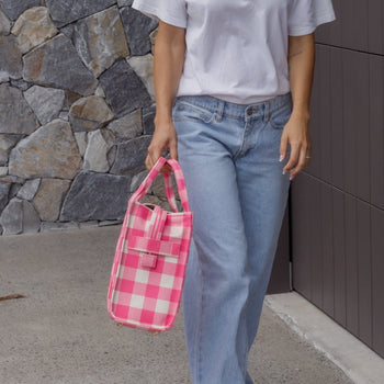 Small Structured Tote Bag in signature coated canvas -- Neon Pink Gingham