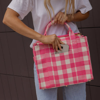 Small Structured Tote Bag in signature coated canvas -- Neon Pink Gingham