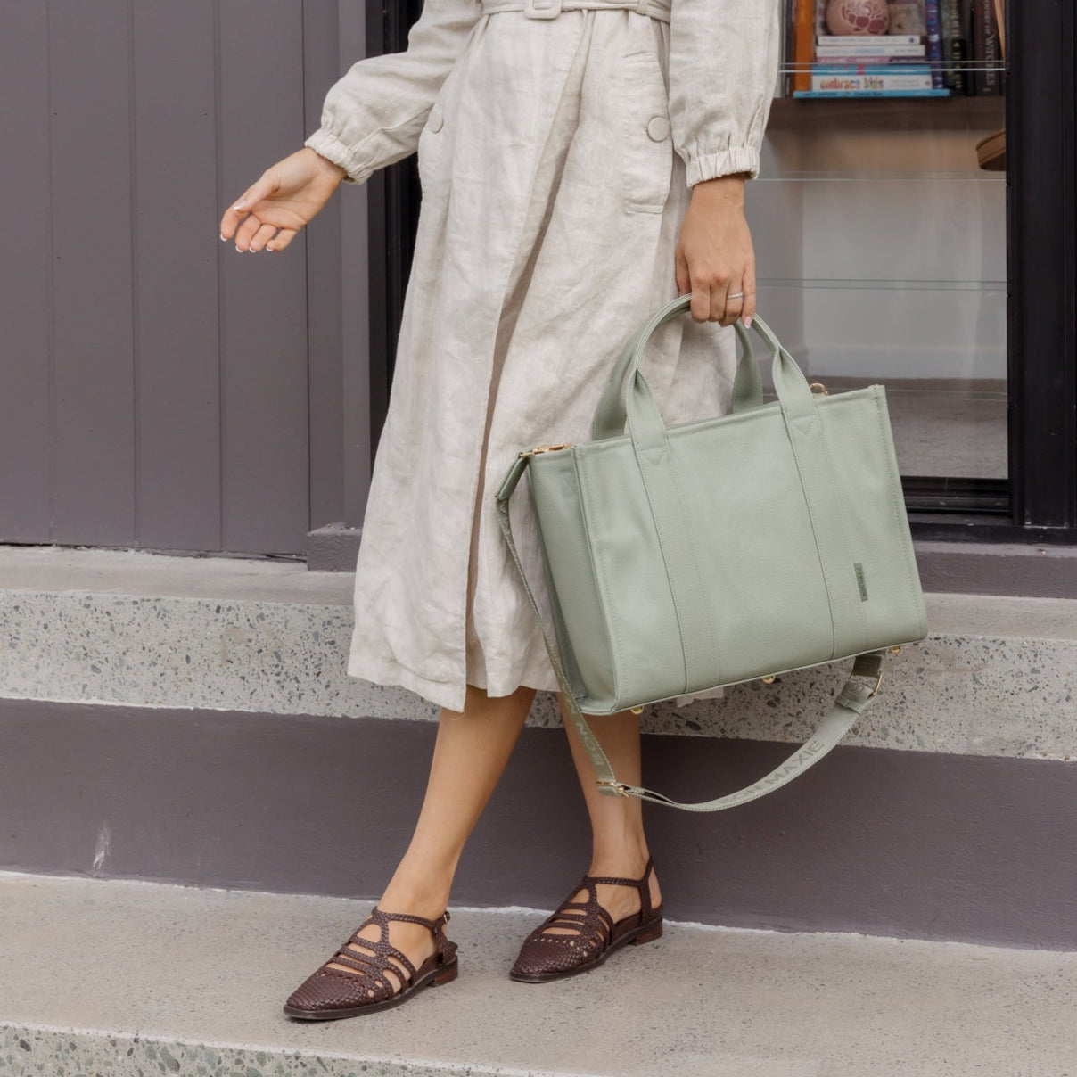 Small Structured Tote Bag in signature coated canvas -- Sage