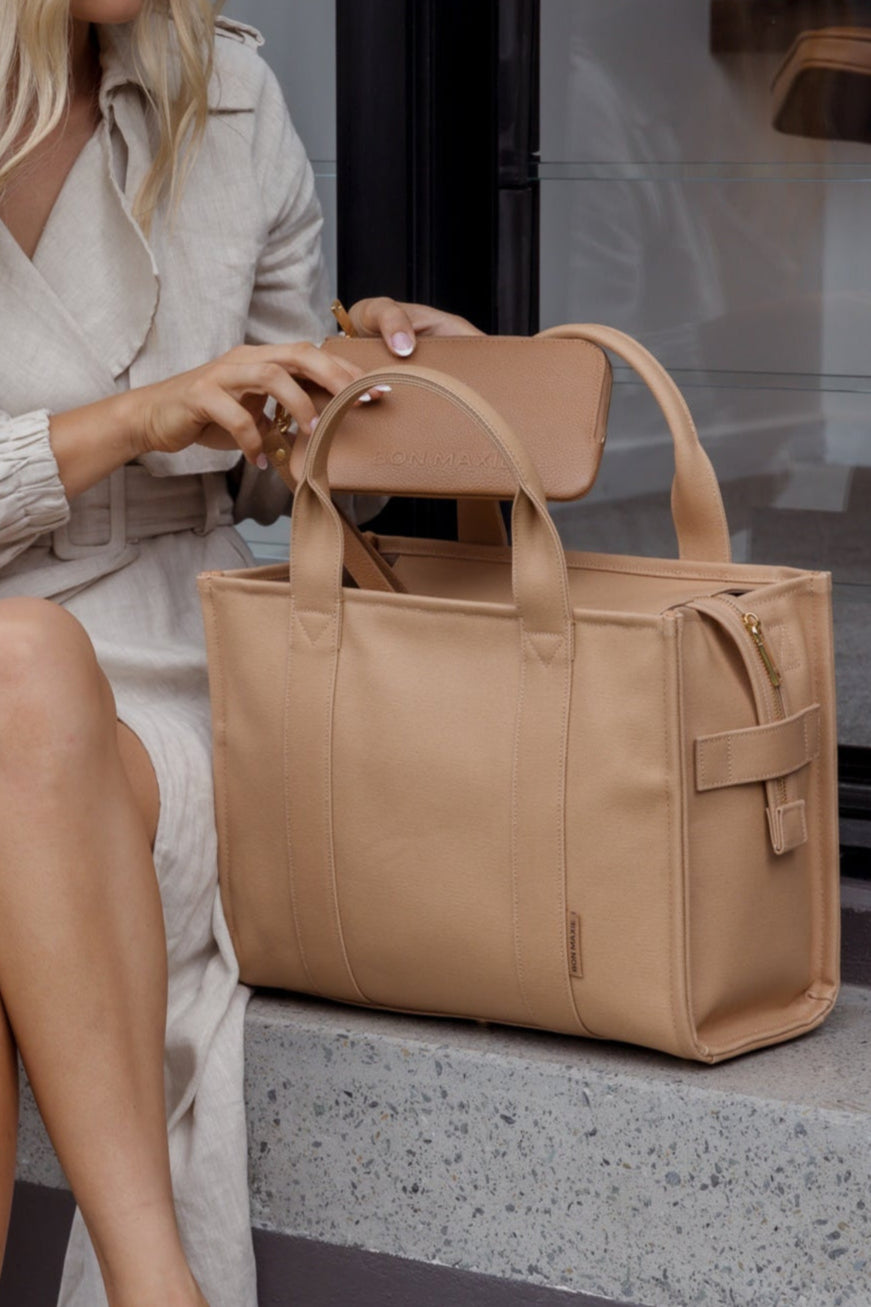 Small Structured Tote Bag in signature coated canvas -- Tan