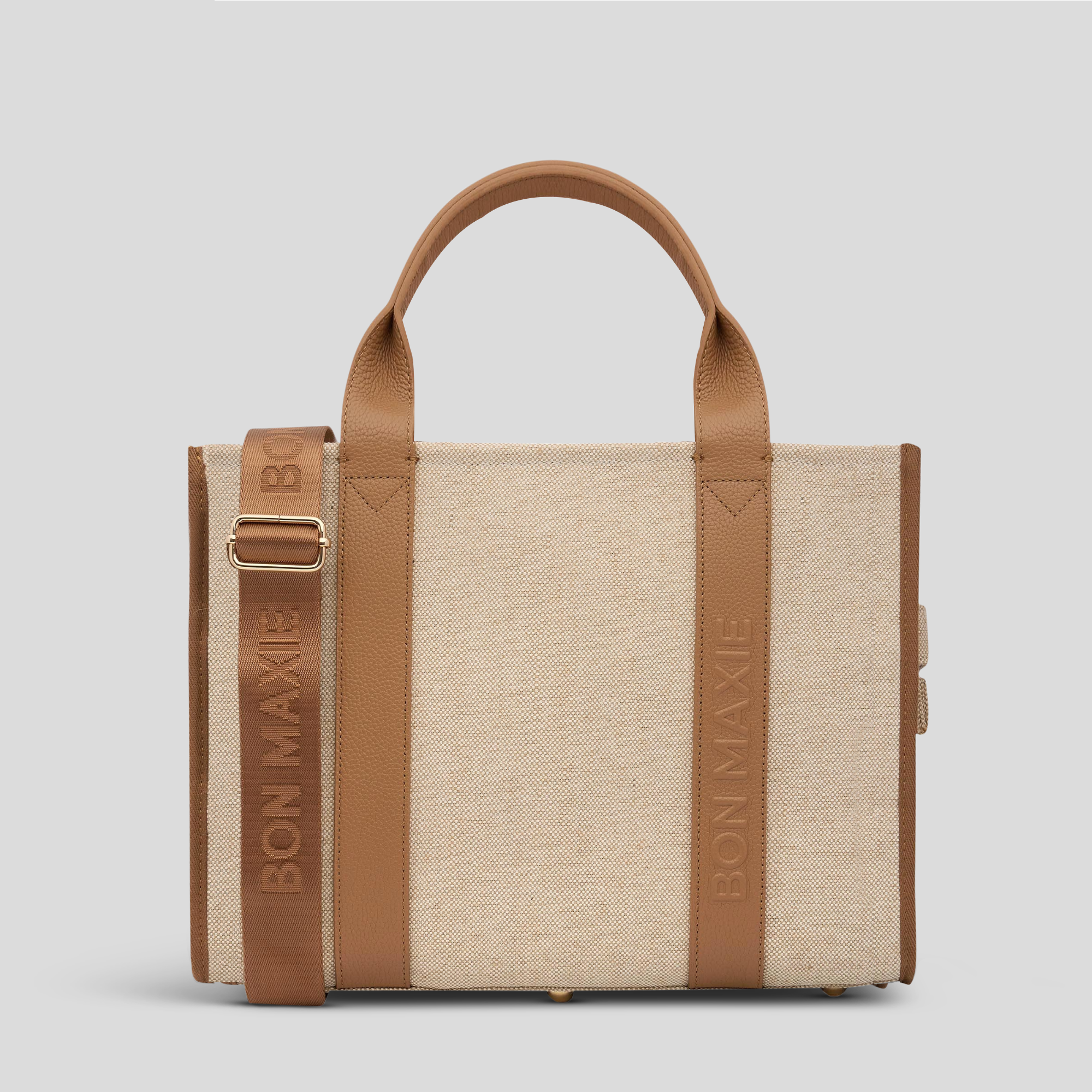 Small Structured Tote Bag in jute canvas with leather -- Tan
