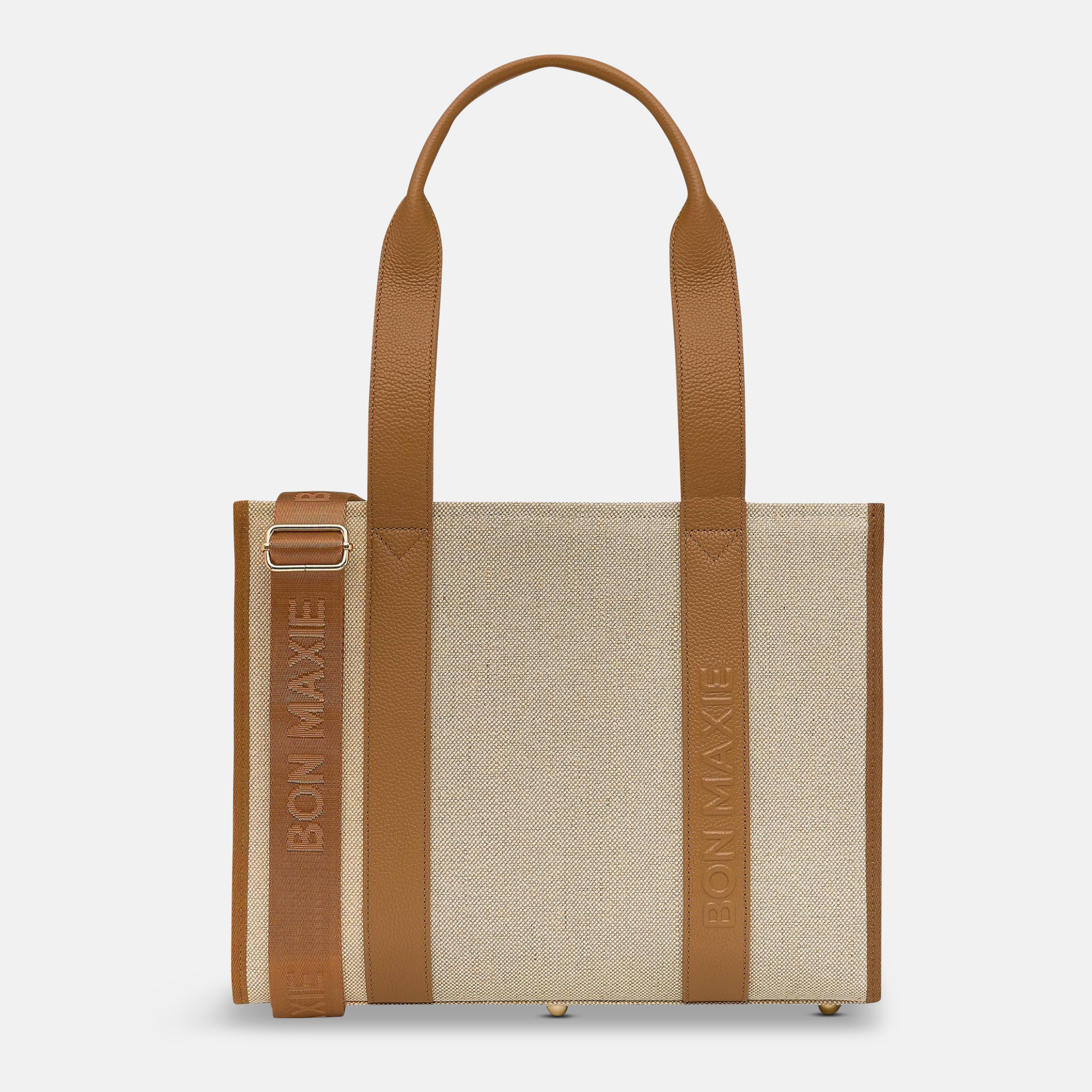 Small Structured Tote Bag in jute canvas with leather -- Tan