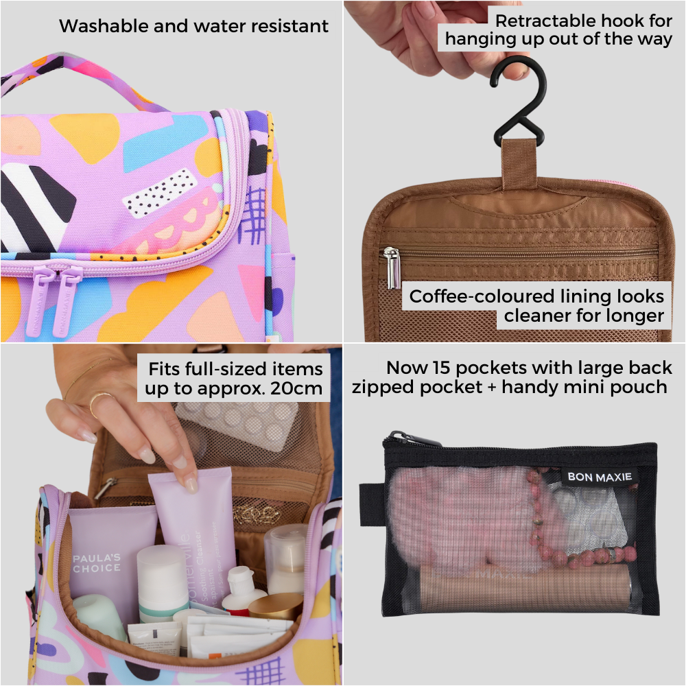 Hanging Toiletry Bag + Pouch Set with 15 pockets -- Neon Pink Gingham