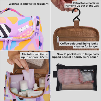 Hanging Toiletry Bag + Pouch Set with 15 pockets -- Pink/Red Stripe