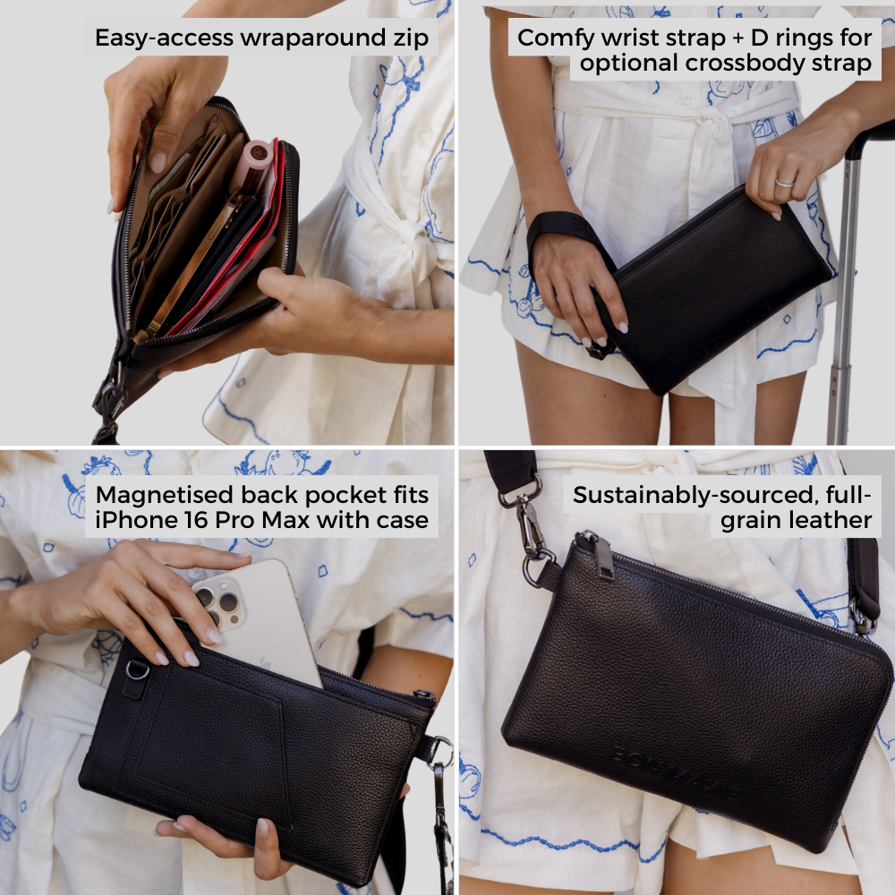 Multi-Pocket Travel Wallet in pebbled leather -- Tan