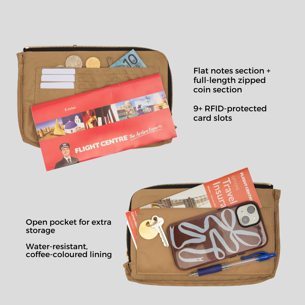 Multi-Pocket Travel Wallet in pebbled leather -- Tan