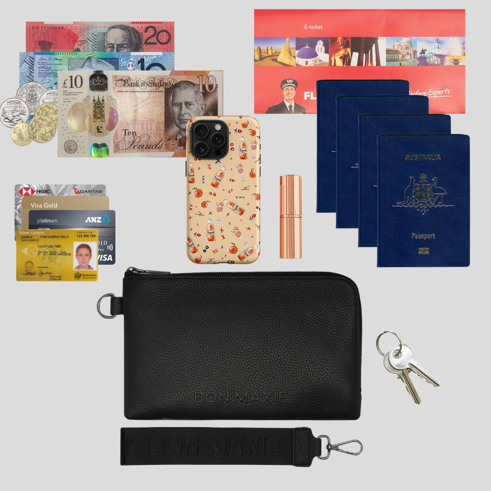 Multi-Pocket Travel Wallet in pebbled leather -- Tan