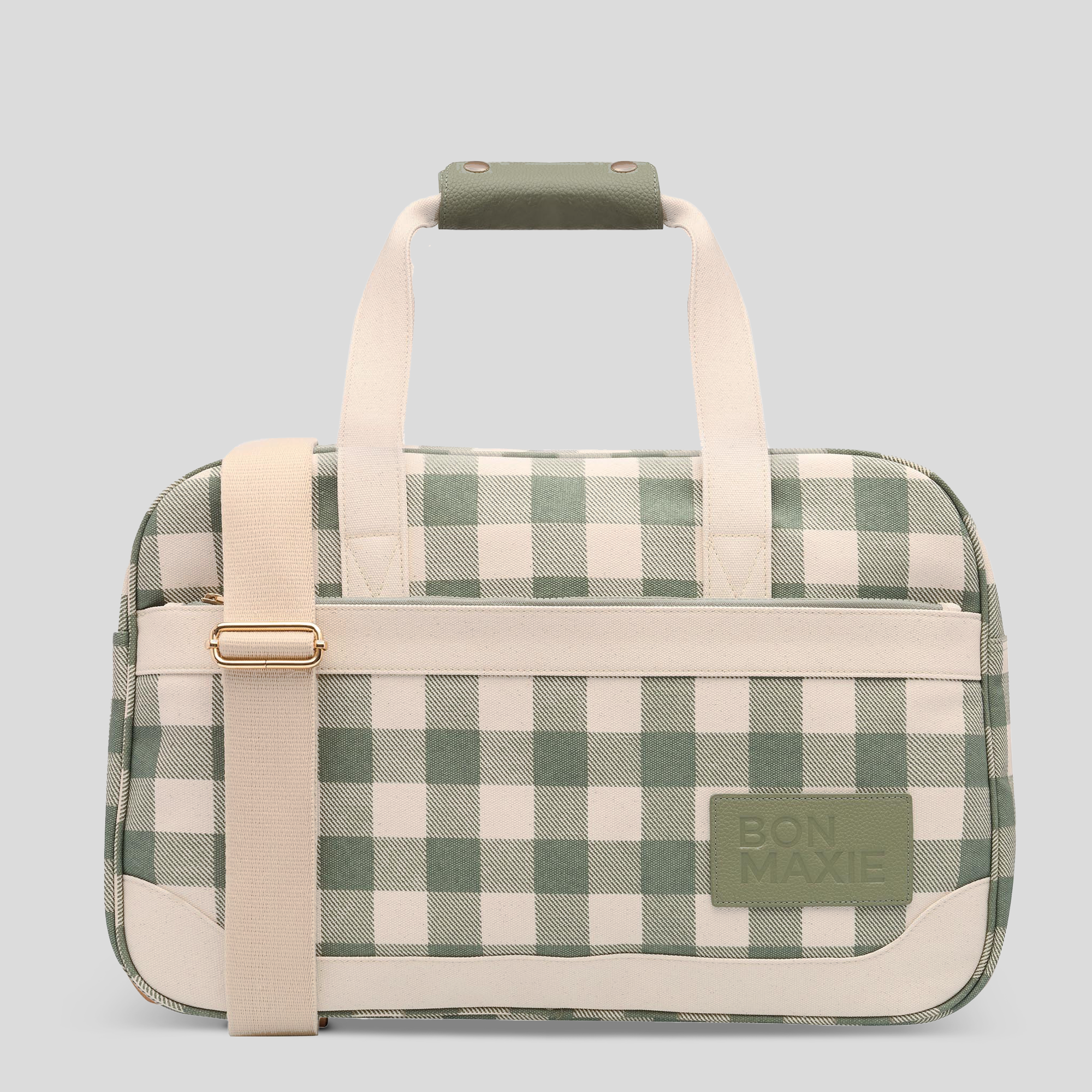 Green and white checkered bag with 'Bon Maxie' label on a light gray background