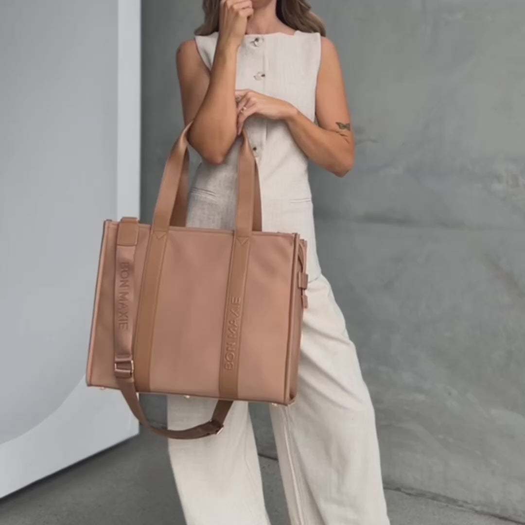 Large Structured Tote Bag - Tan (Leather/Nylon)