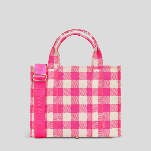 Small Structured Tote Bag in signature coated canvas -- Neon Pink Gingham