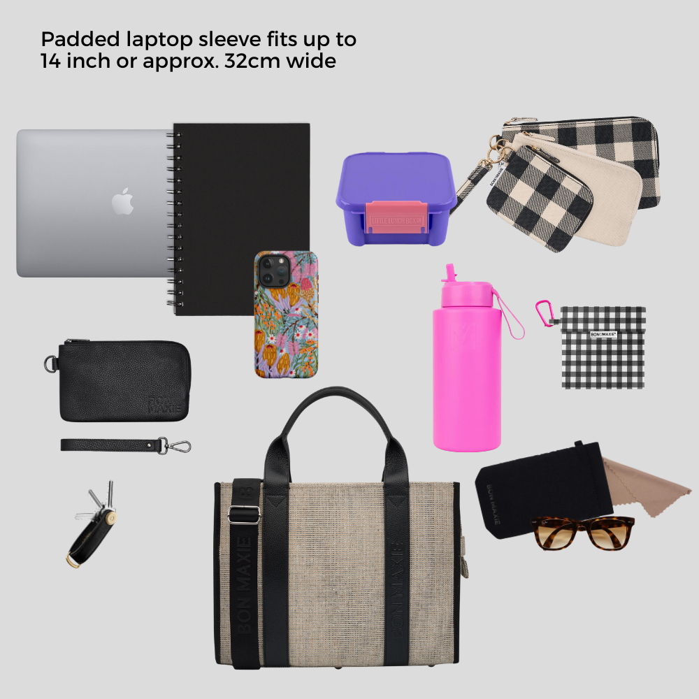 Small Structured Tote Bag in jute canvas with leather -- Tan