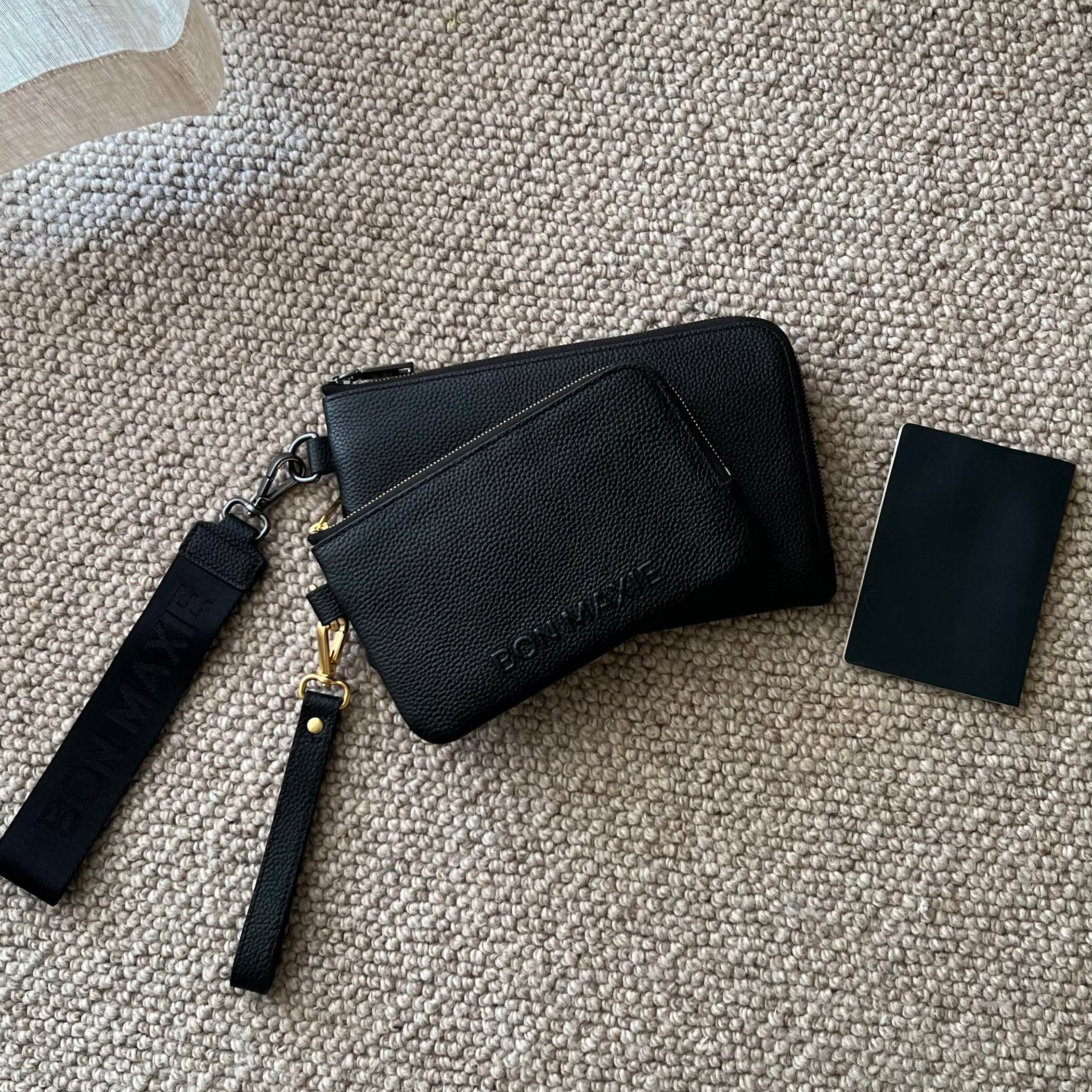 Multi-Pocket Travel Wallet in pebbled leather -- Black