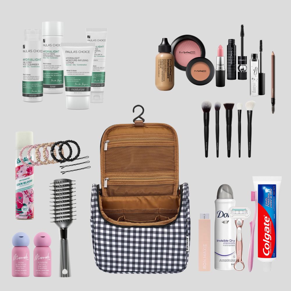 Hanging Toiletry Bag + Pouch Set with 15 pockets -- Pink/Red Stripe