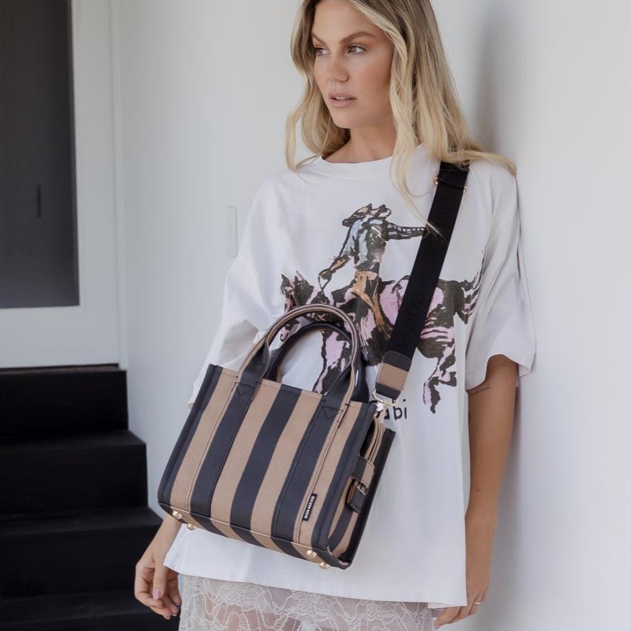 Micro Bon Vivant Structured Tote Bag - Black/Tan Stripe Tote Bag