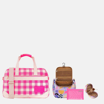 SAVE 25%—Weekender Bag + Toiletry Travel Bundle - Pink Gingham + Eye Love Purple