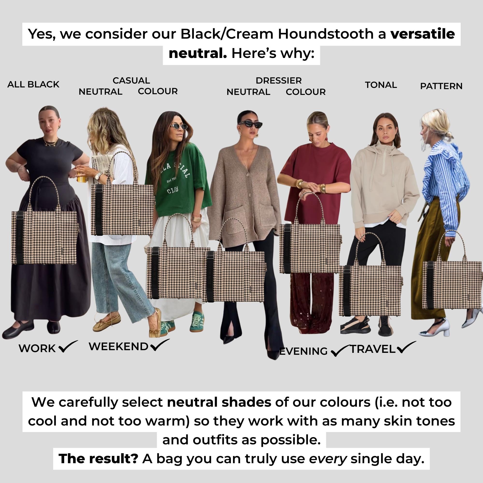 image of a houndstooth-patterned handbag with models in various outfits and scenarios.