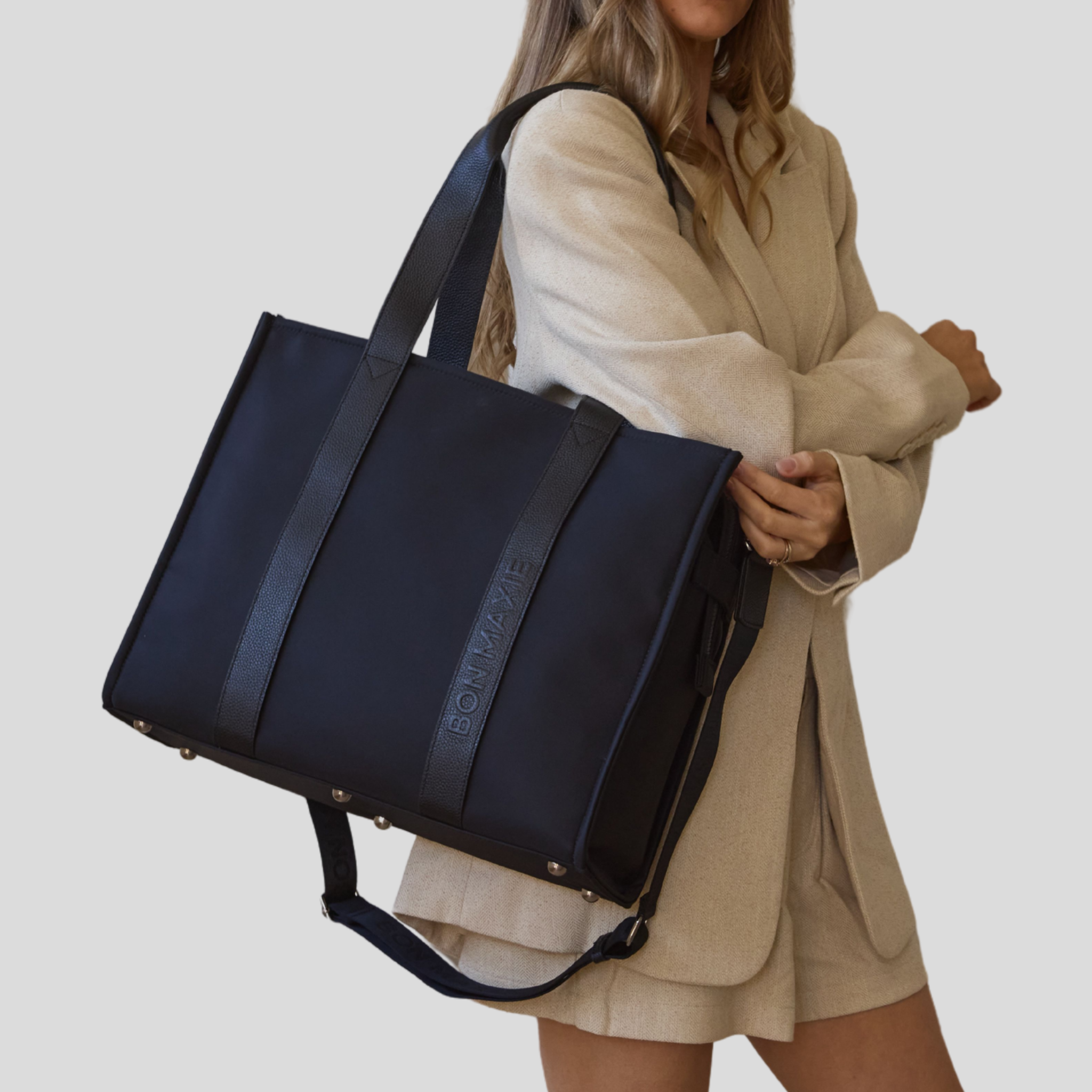 Large Structured Tote Bag in nylon with leather -- Black (Leather/Nylon)