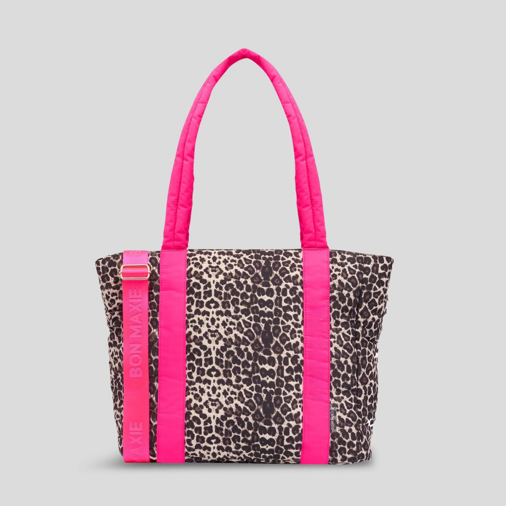 Everyday Tote Bag in washed technical nylon -- Neon Pink/Leopard
