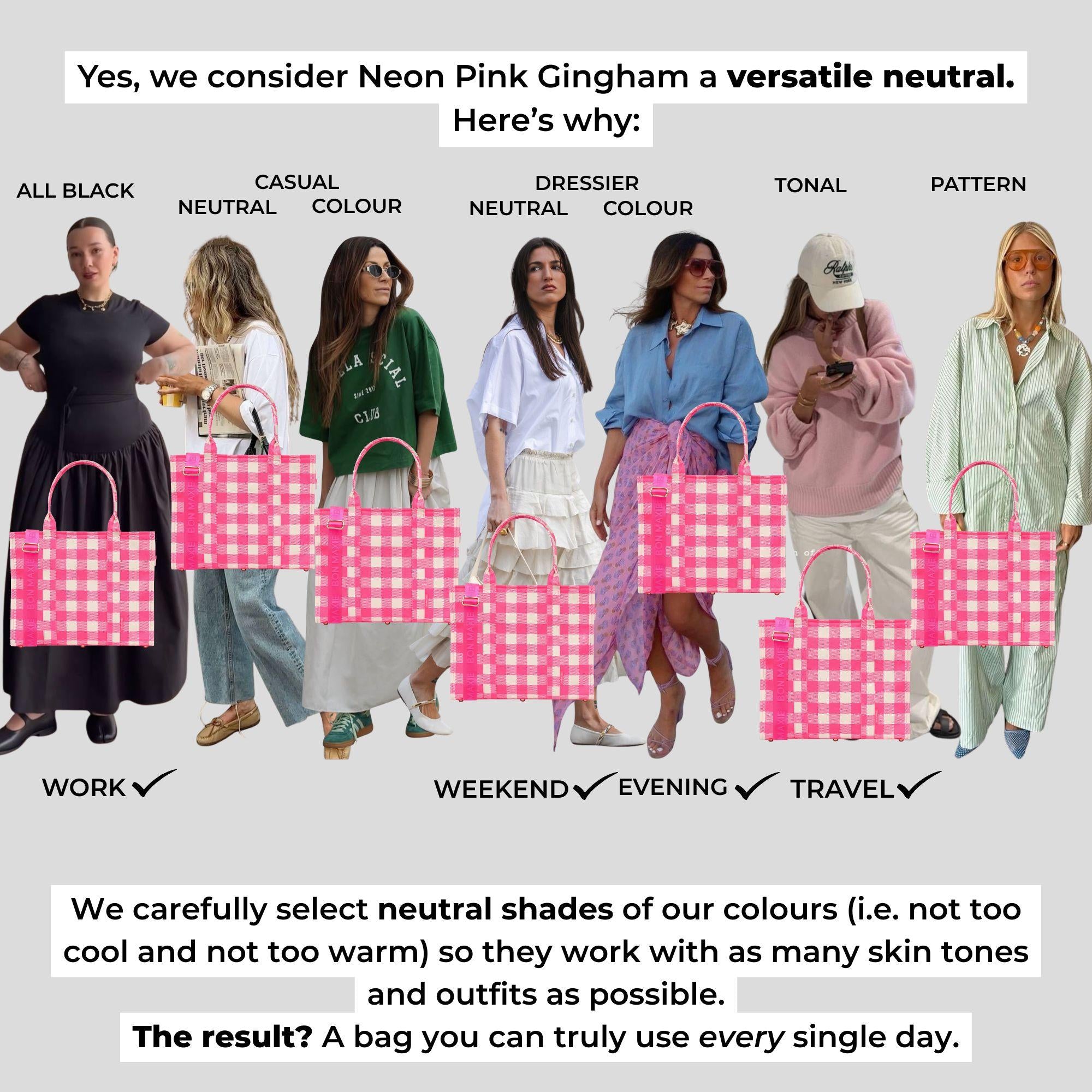Large Structured Tote Bag in signature coated canvas -- Neon Pink Gingham