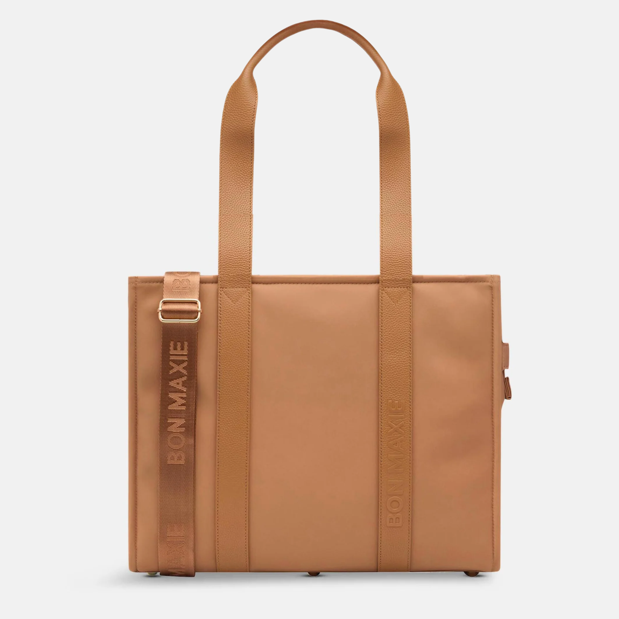 Large Structured Tote Bag in nylon with leather - Tan