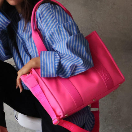 Medium Structured Tote Bag - Neon Pink Leather/Nylon