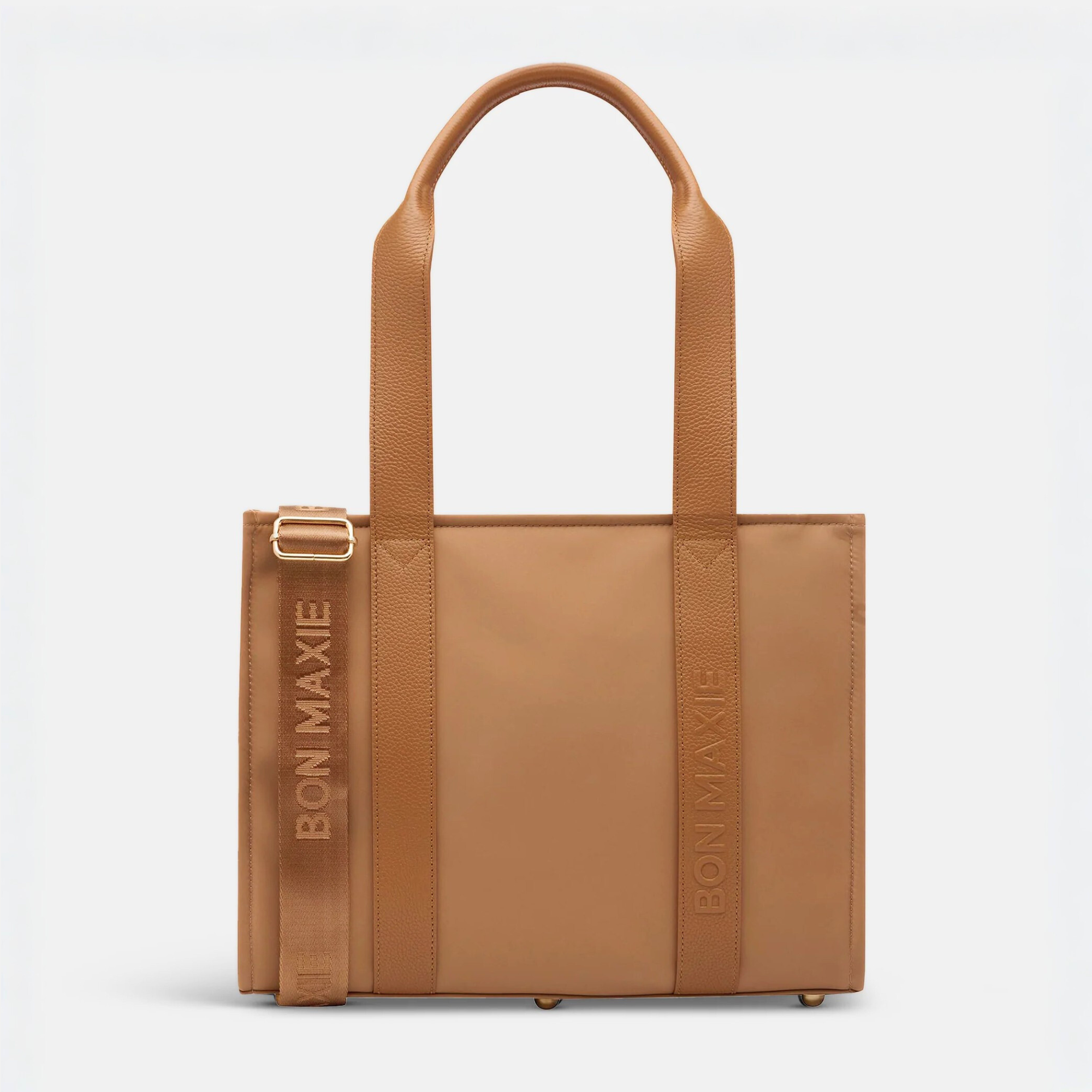 Small Structured Tote Bag in nylon with leather - Tan (shoulder straps)