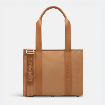 Small Structured Tote Bag in nylon with leather - Tan (shoulder straps)