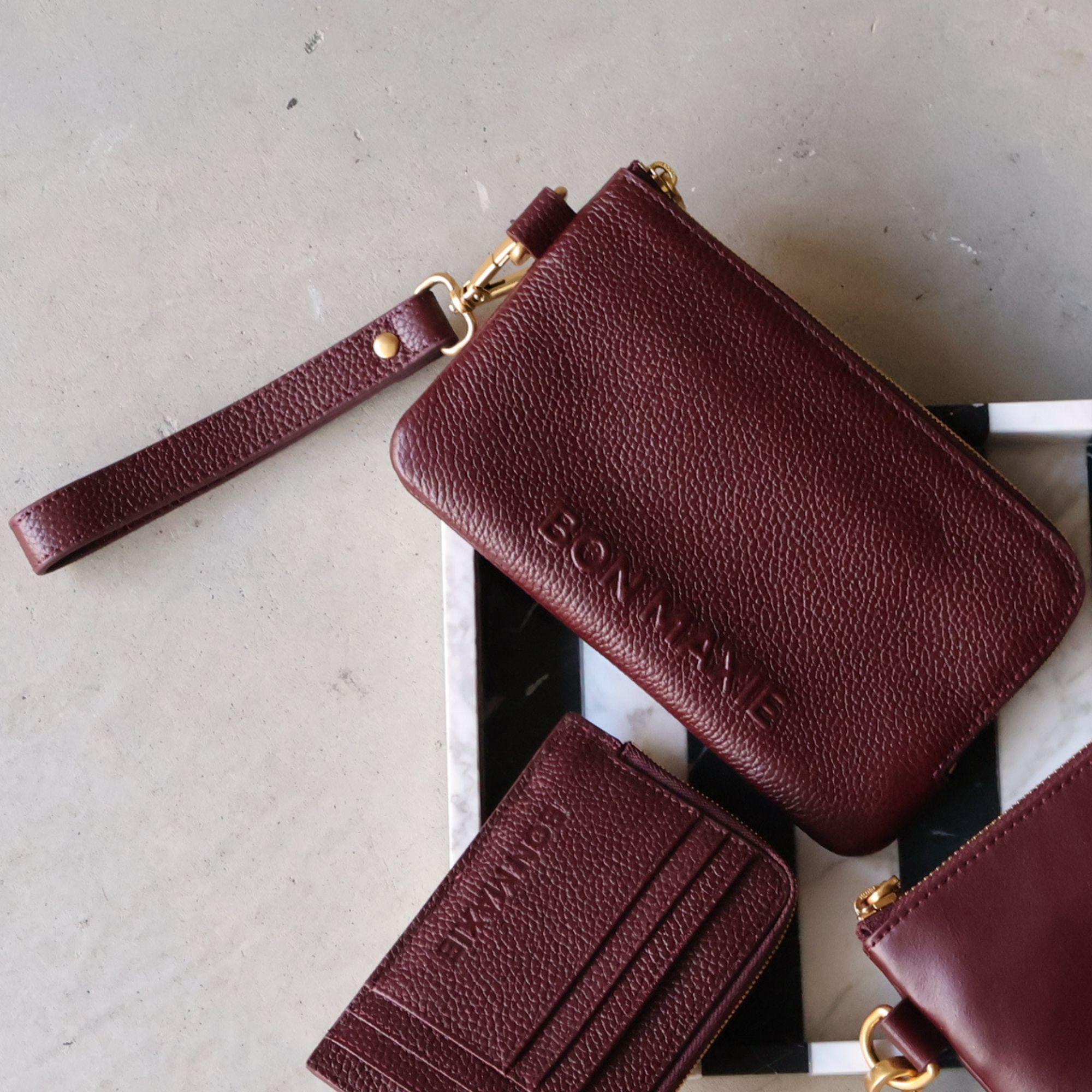 Phone Wallet Pouch - Pebbled Leather - Burgundy