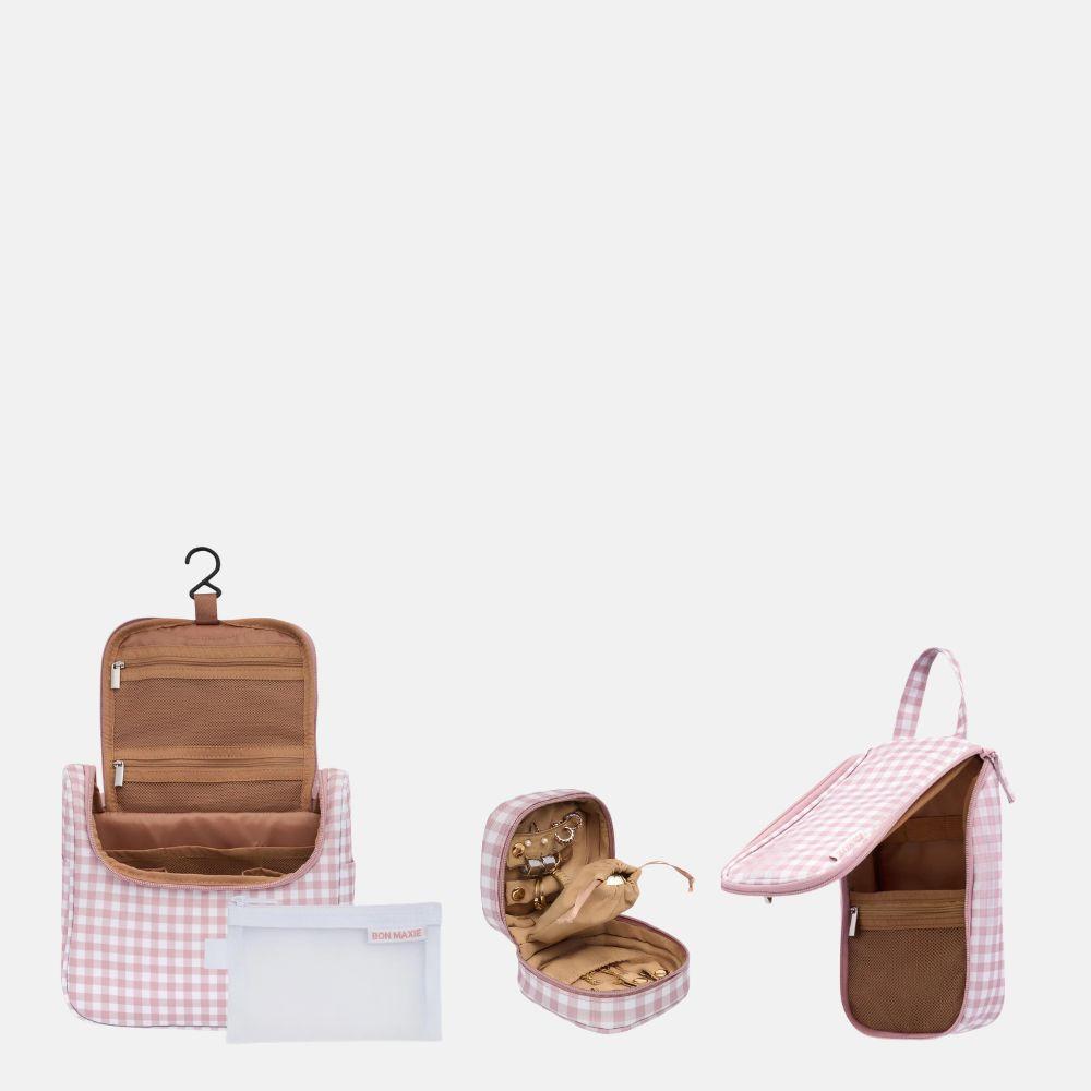 Travel Essentials Bundle - Toiletry Duo + Jewellery Case -- Milk Tea Gingham