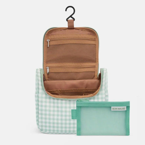 Hanging Travel Toiletry Bag Set - Sage Gingham