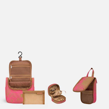 Travel Essentials Bundle - Toiletry Duo + Jewellery Case -- Tan/Neon Pink Floral