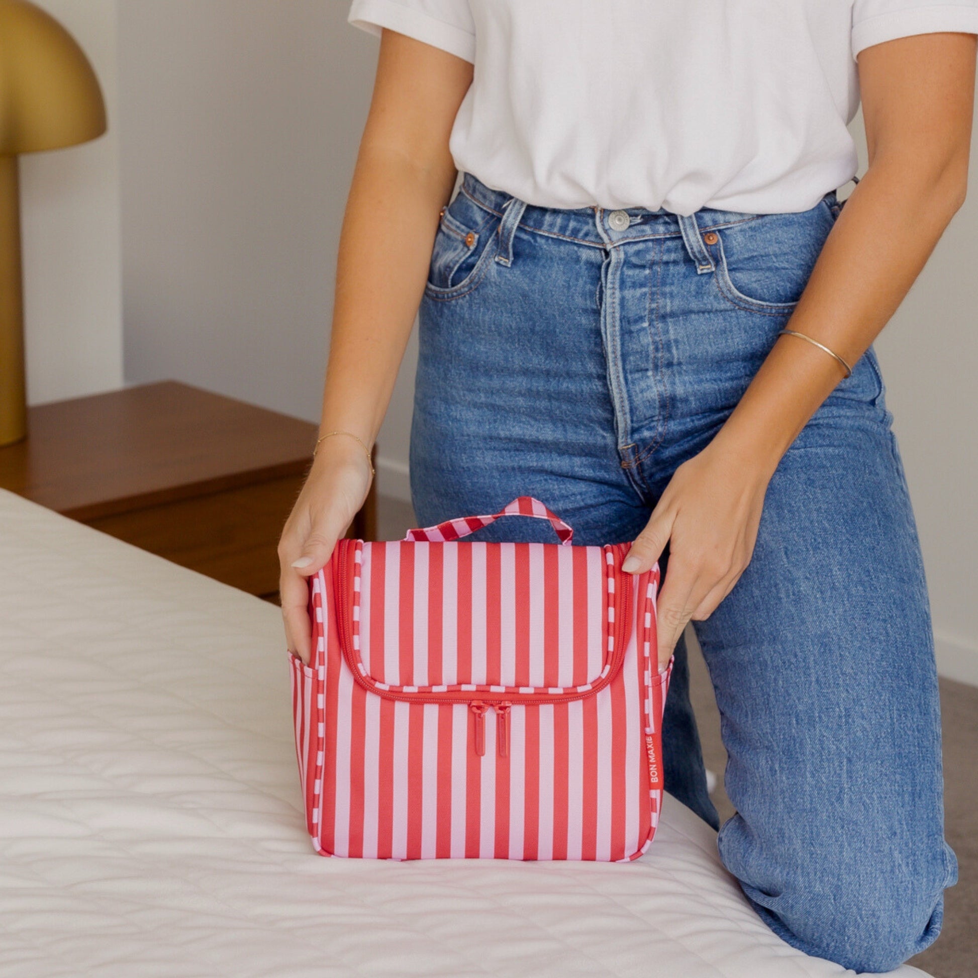 Bon Voyage Travel Toiletry Bag Set -- Pink and Red Stripe