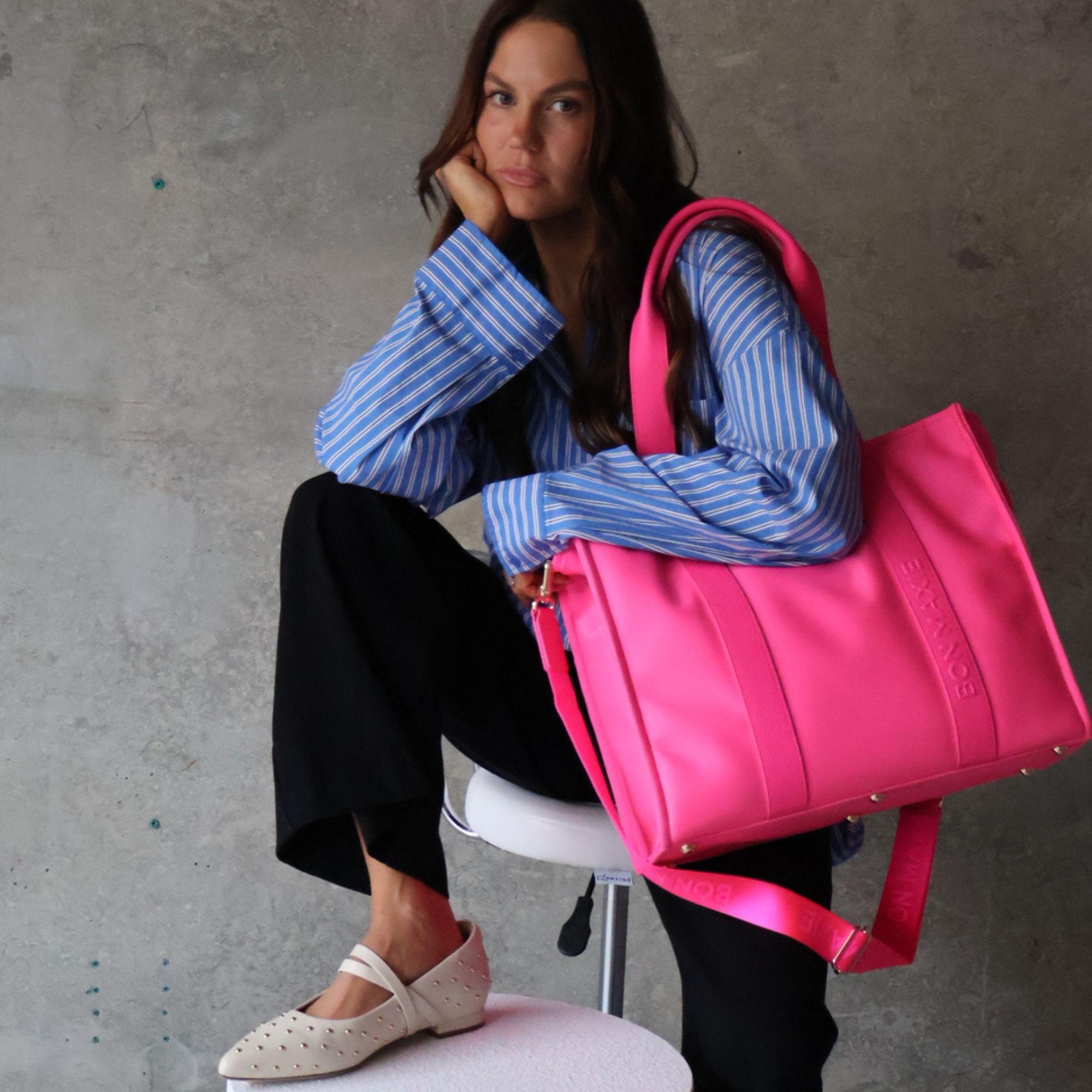 Large Structured Tote - Nylon/Leather - Neon Pink