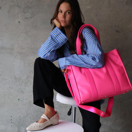 Large Structured Tote - Nylon/Leather - Neon Pink