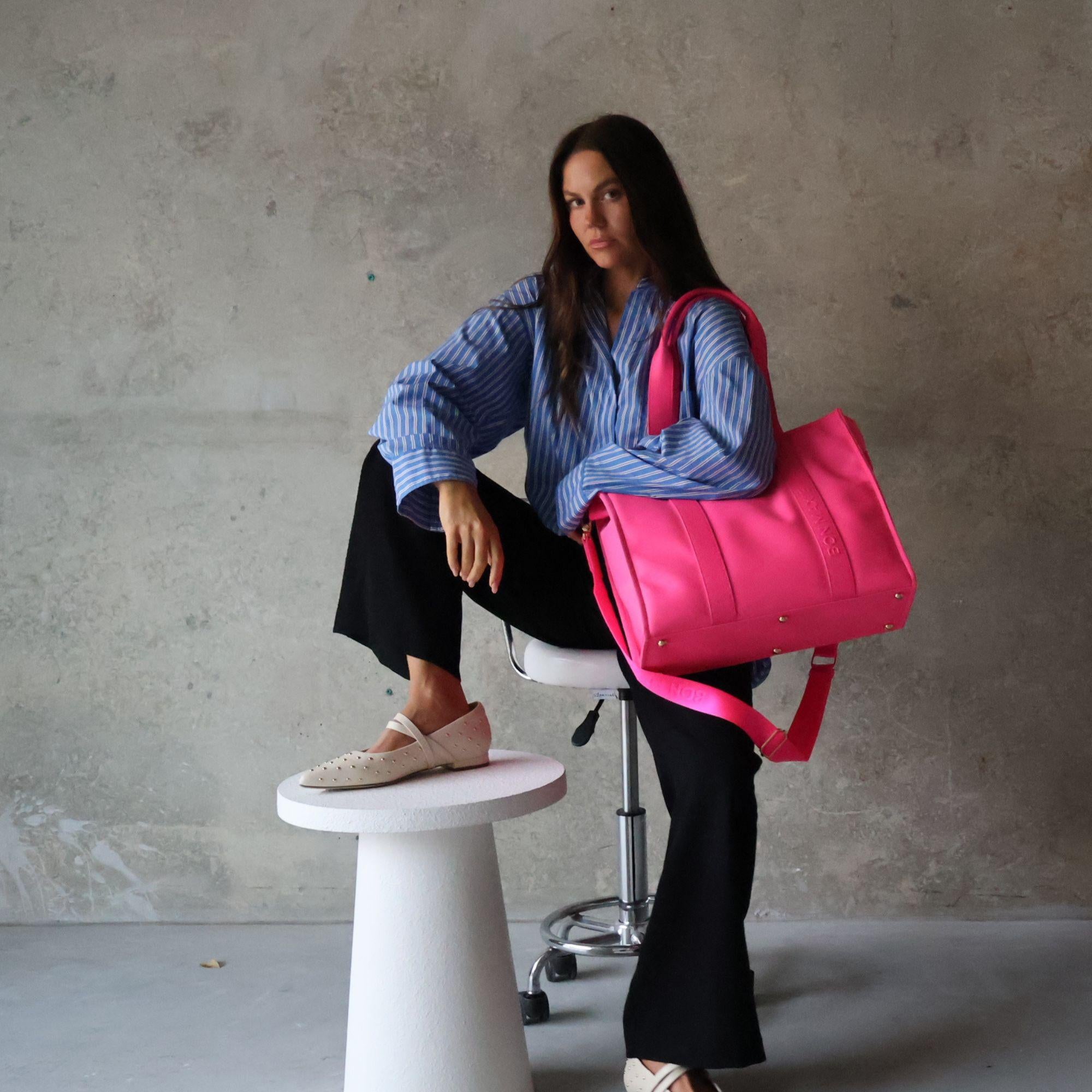 Large Structured Tote Bag - Neon Pink Nylon/Leather