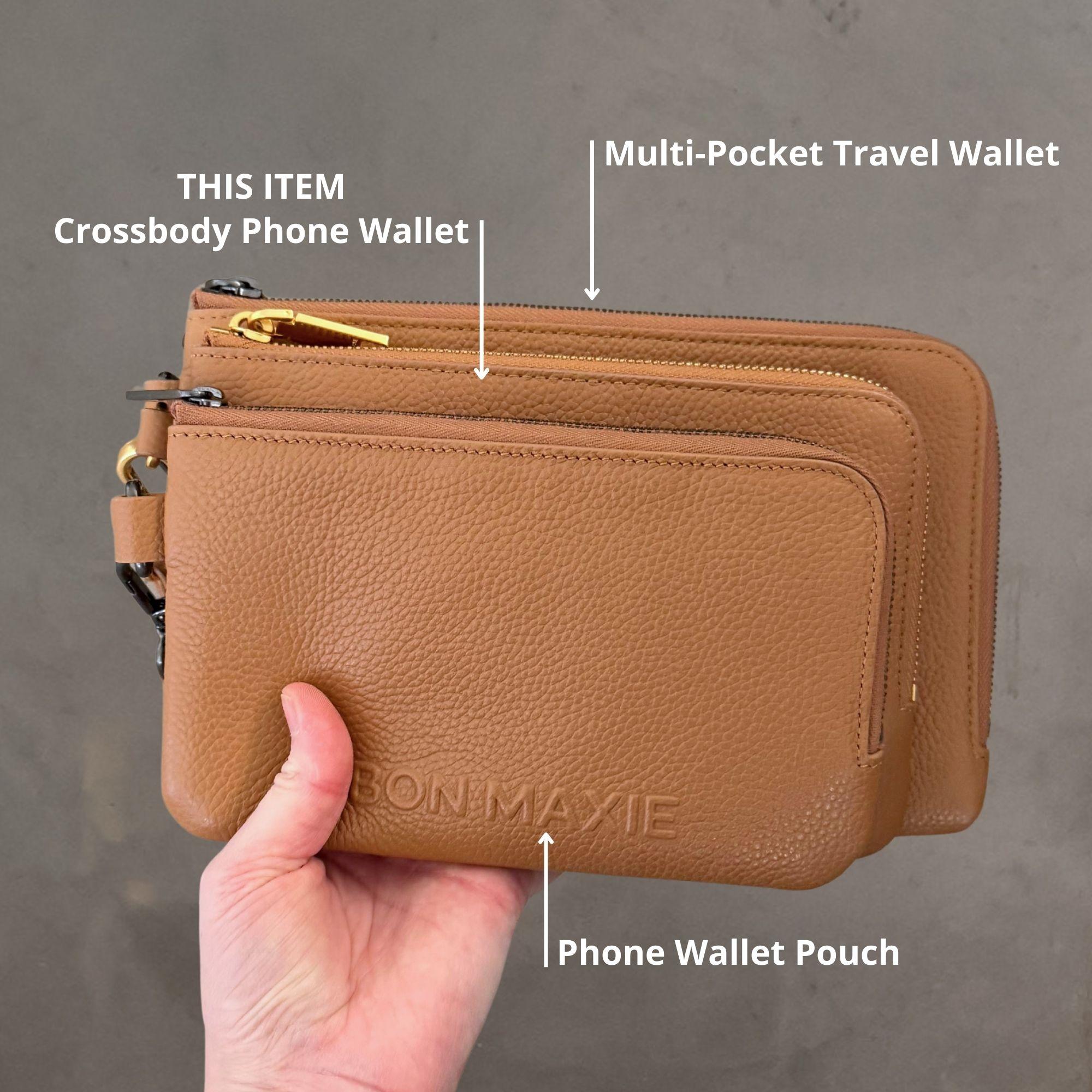 Crossbody Phone Wallet Pouch in pebbled leather, 2 straps  - Sage