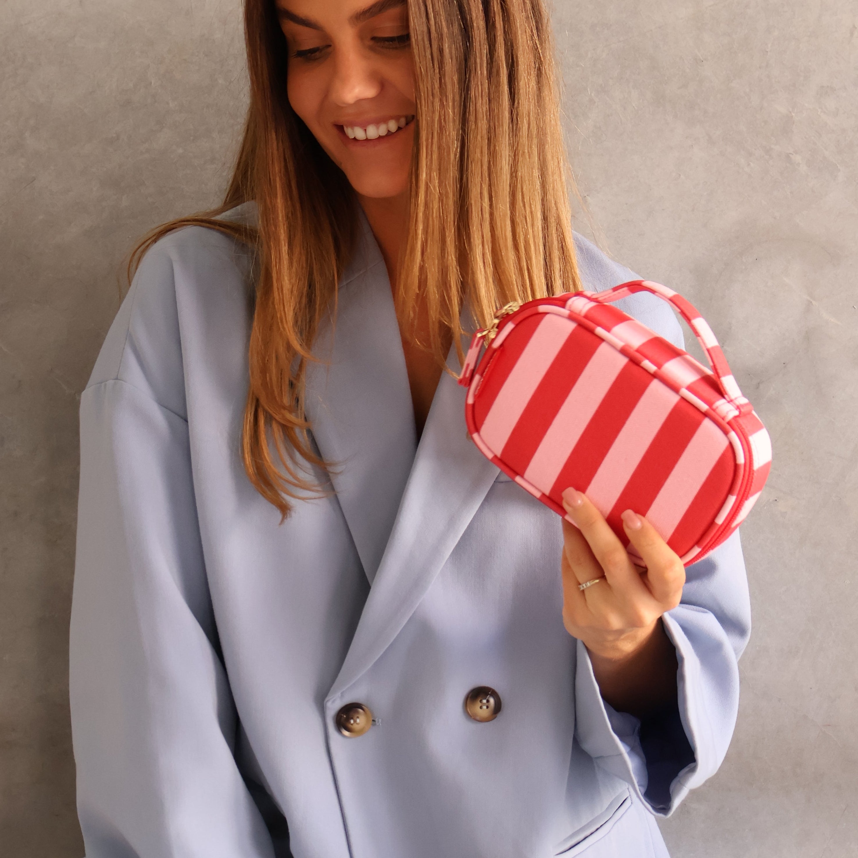Handy Handle Case in signature coated canvas -- Pink and Red Stripe