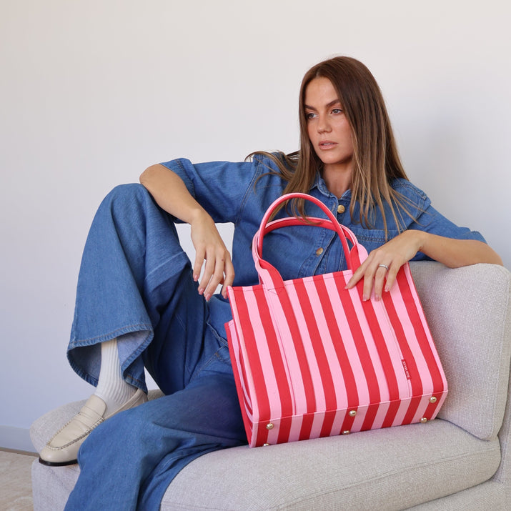 Medium Structured Tote - Pink/Red Stripe