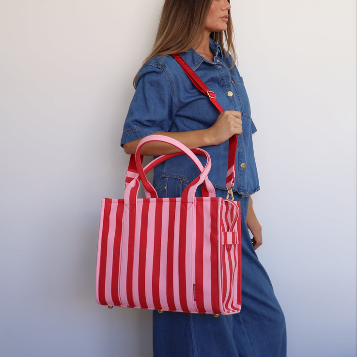 Medium Structured Tote - Pink/Red Stripe