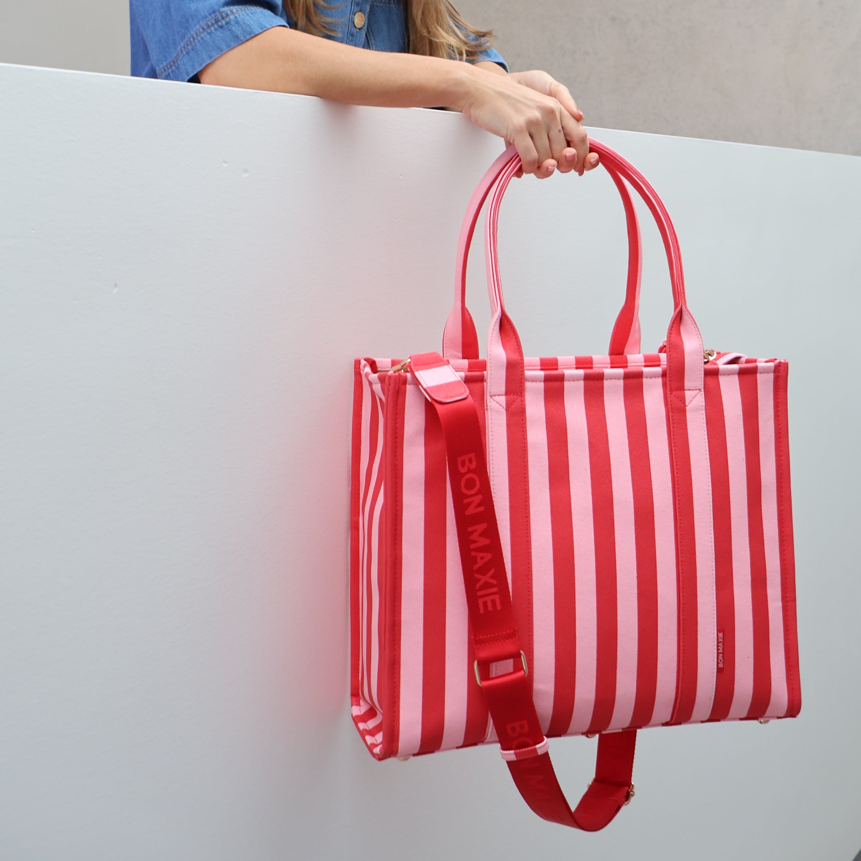 Large Structured Tote Bag in signature coated canvas - Pink/Red Stripe