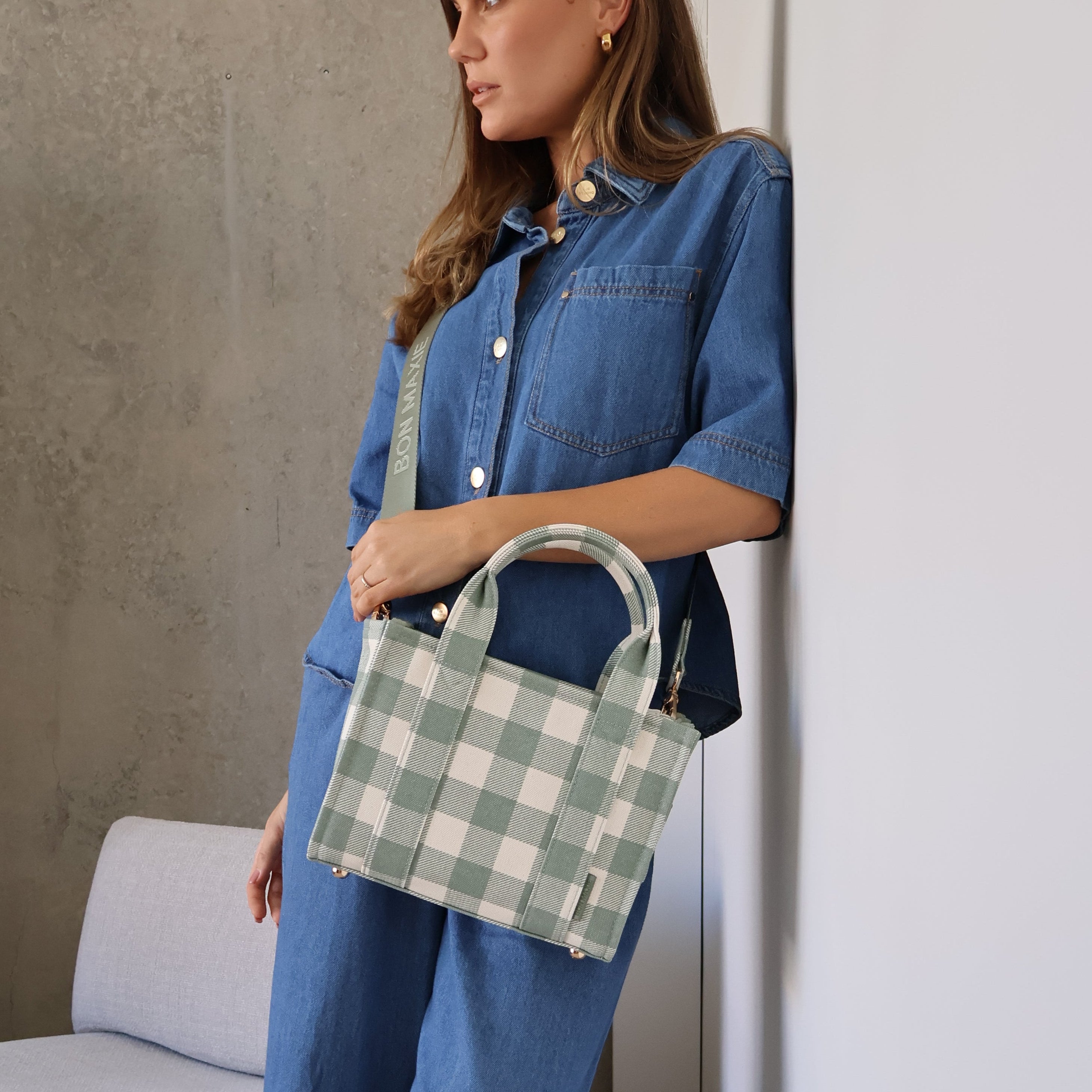 Micro Structured Tote Bag in signature coated canvas -- Sage Gingham