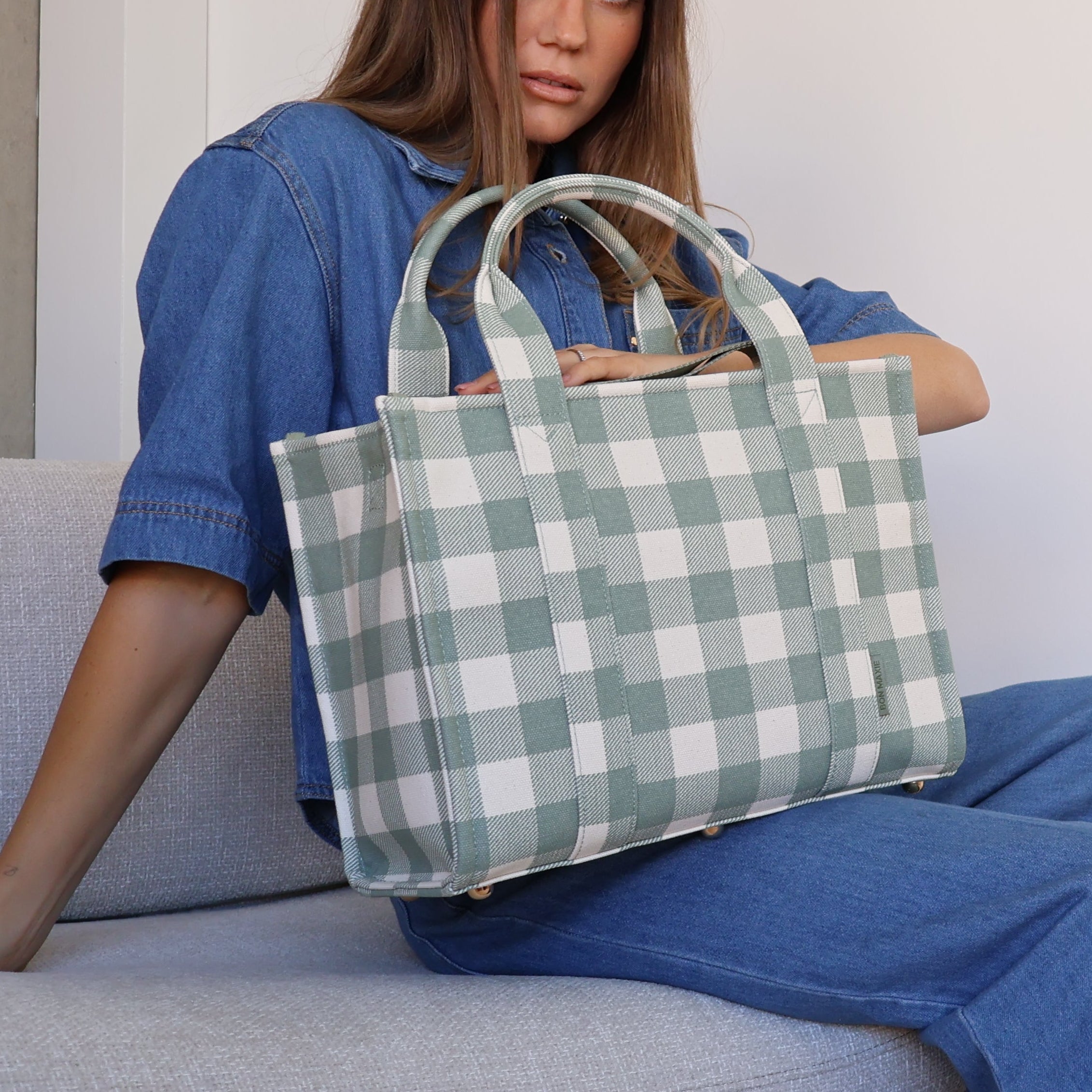 Small Structured Tote Bag in signature coated canvas -- Sage Gingham