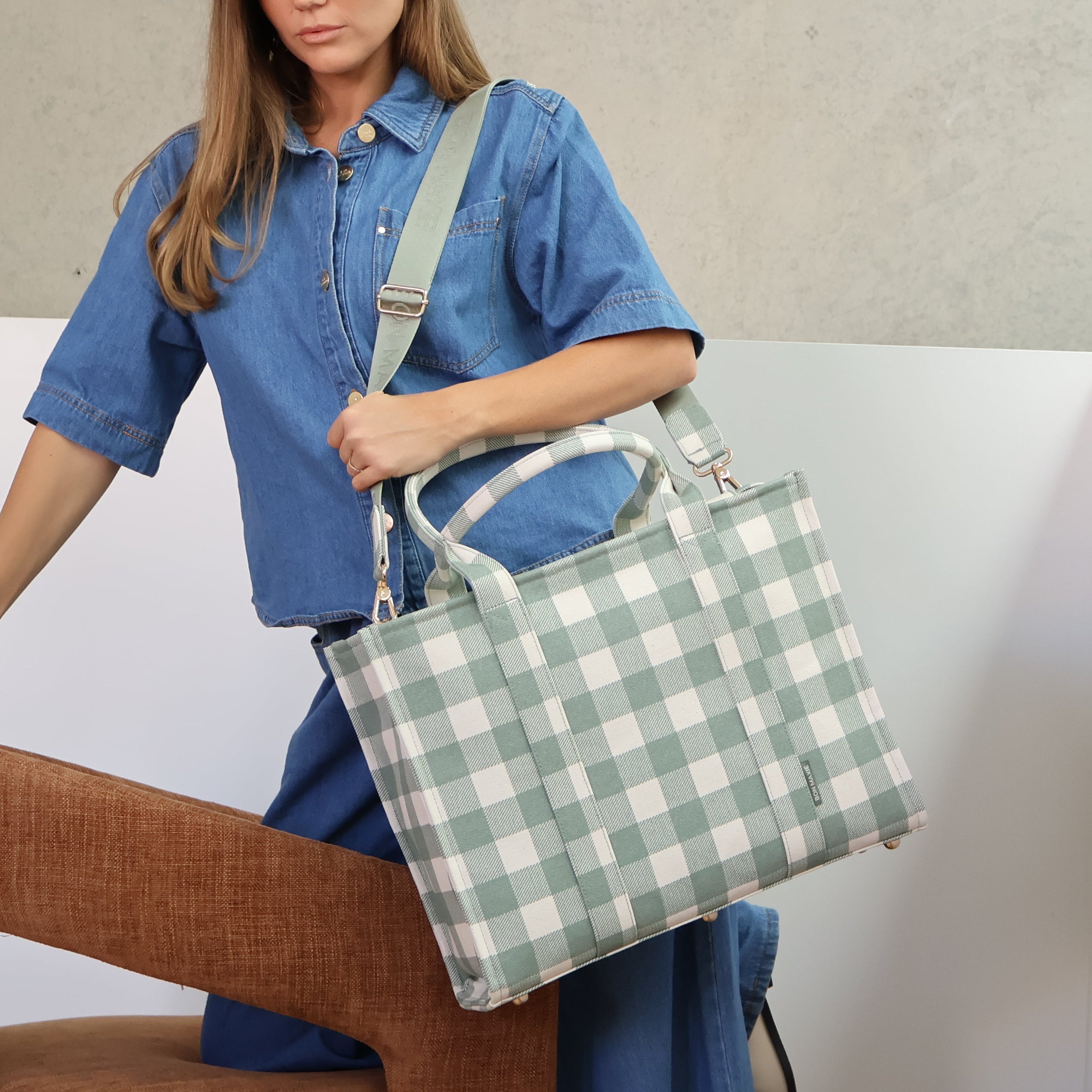 Large Structured Tote Bag in signature coated canvas -- Sage Gingham